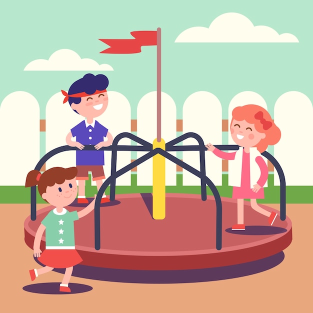 Free vector group of kids playing game on carousel