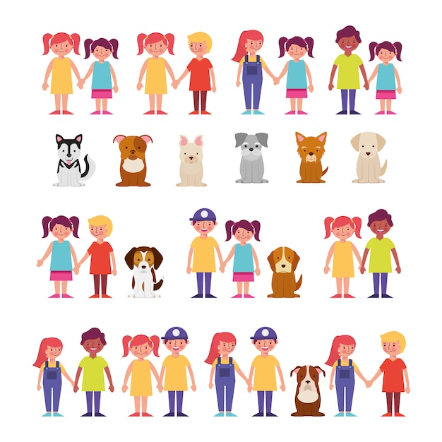 Free vector group of kids with pets bundle characters