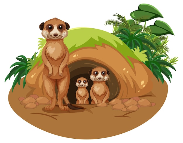 Free vector group of meerkats in burrow in cartoon style