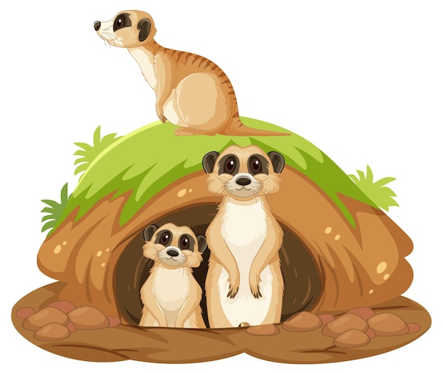 Group of meerkats with burrow in cartoon style