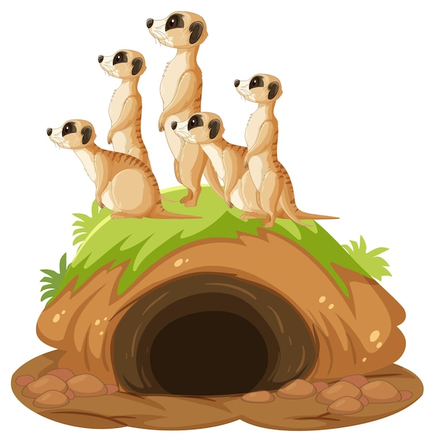 Free vector group of meerkats with burrow in cartoon style