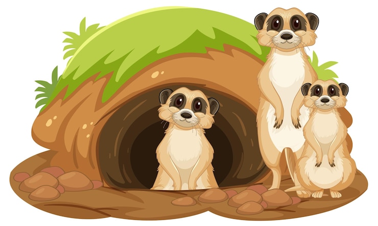 Free Vector group of meerkats with burrow in cartoon style