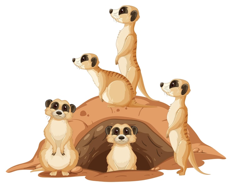 Free Vector group of meerkats with burrow on white background