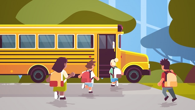 Premium Vector Group Of Mix Race Pupils With Backpacks Walking To Yellow Bus Back To School Pupil Transportation Concept Landscape Background Flat Full Length Horizontal Rear View Premium Vector Group Of Mix Race Pupils With Backpacks Walking To Yellow Bus Back To School Pupil Transportation Concept Landscape Background Flat Full Length Horizontal Rear View