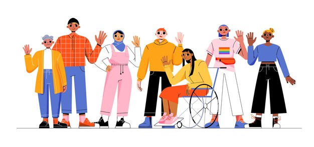 Group of multiracial people girl in wheelchair lgbt person and elderly woman Concept of multiracial and multicultural community Vector flat illustration of diverse characters