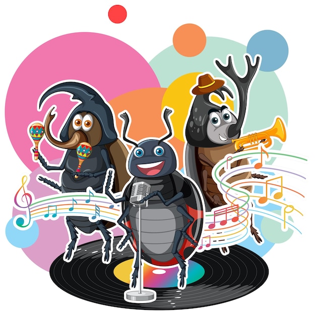 Бесплатное векторное изображение Группа жуков вместе играет музыку
