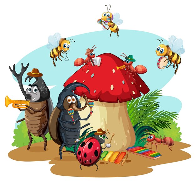 無料ベクター カブトムシとミツバチの漫画のキャラクターのグループ