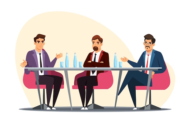 無料ベクター 議論のためにオフィスのテーブルで集まるビジネスマンのグループプロの企業の従業員は、水のボトルとブレーンストーミングで机の椅子に座っている男性キャラクターのチームを話します