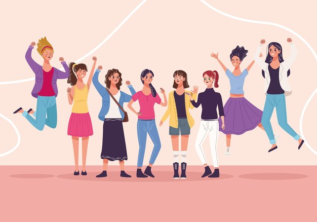 イラストを祝う8人の美しい若い女性のグループ プレミアムベクター