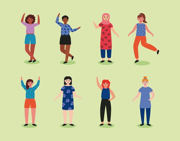 アバターのキャラクターイラストを立っている8人の若い女性のグループ プレミアムベクター