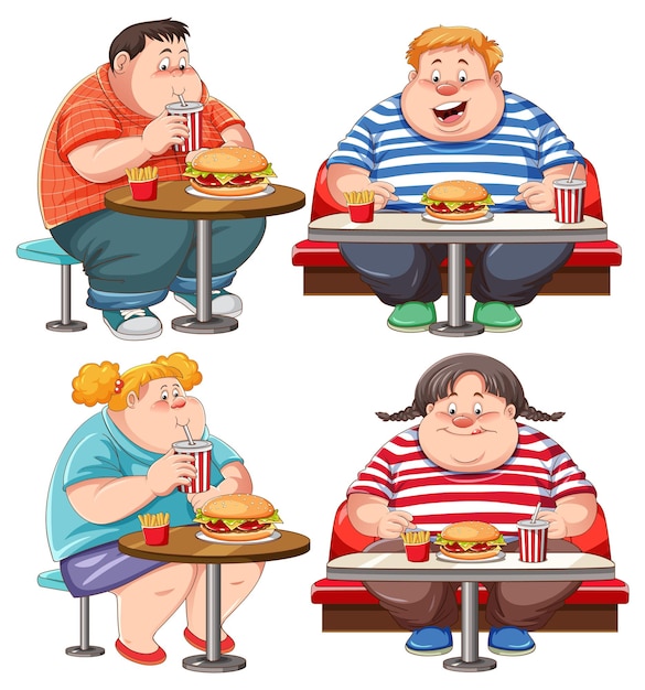 Бесплатное векторное изображение Группа толстяков и женщин, питающихся фаст-фудом