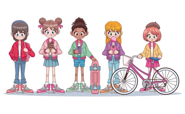 若い女の子のキャラクターのバンドル プレミアムベクター