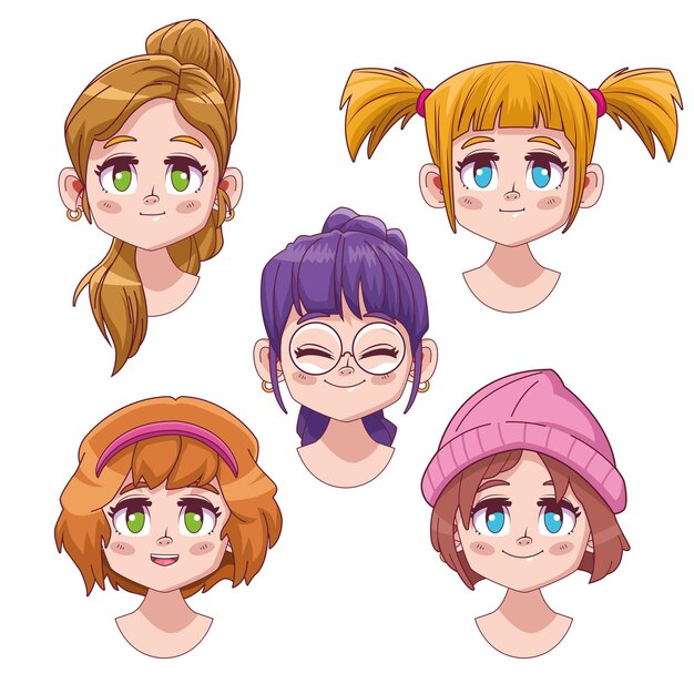 若い女性アニメスタイルキャラクターベクトルイラストデザインの描画プロセス プレミアムベクター