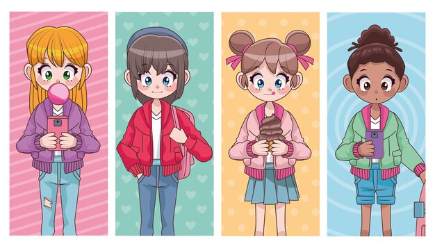 若い女性アニメスタイルキャラクターベクトルイラストデザインの描画プロセス プレミアムベクター