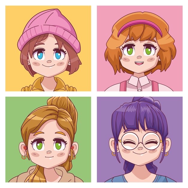 顔若者グループアニメスタイルの文字ベクトルイラストデザイン プレミアムベクター