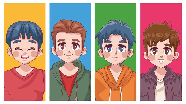 4人のかわいい若い男の子のグループティーンエイジャーマンガアニメ頭キャラクターイラスト プレミアムベクター