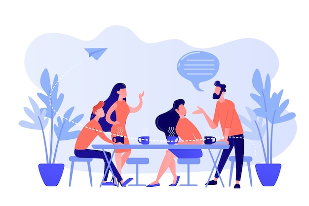 Бесплатное векторное изображение Группа друзей сидит за столом, разговаривает, пьет кофе и чай, крошечные люди. встреча друзей, поднять настроение другу, концепция поддержки дружбы. розовый коралловый синий вектор изолированных иллюстрация