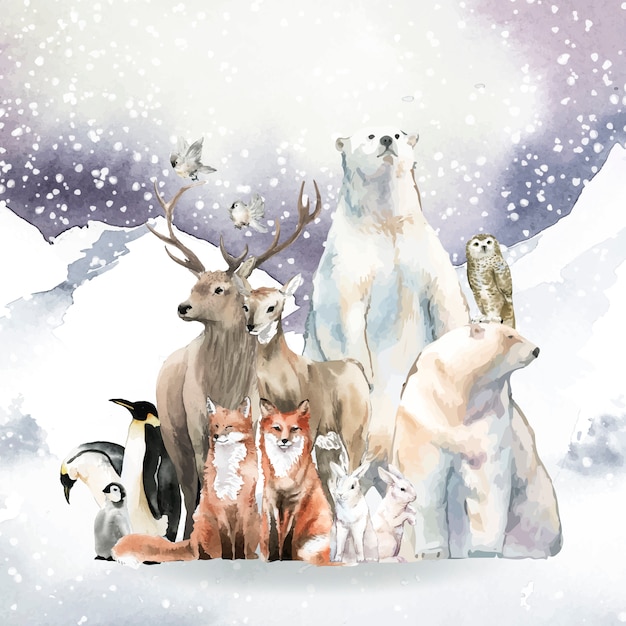 Группа диких животных в снегу, втянутом в акварель