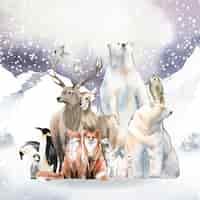 Бесплатное векторное изображение Группа диких животных в снегу, втянутом в акварель