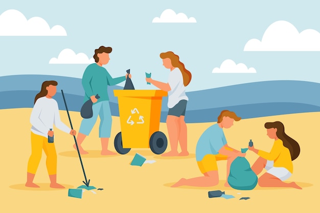 Free vector group of people cleaning beach