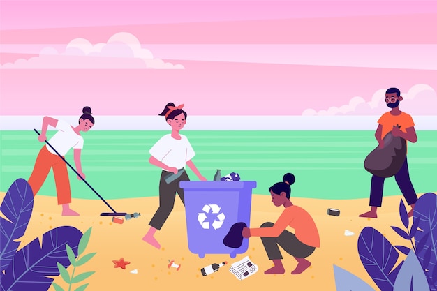 Free vector group of people cleaning beach