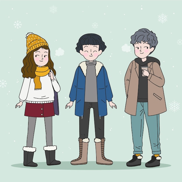 Free vector group of people in cozy clothes in winter