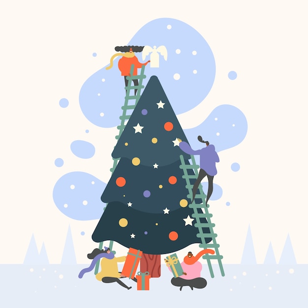 Free vector group of people decorating christmas tree