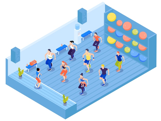 Free vector group of people doing aerobics in gym with colorful fit balls on shelves 3d isometric vector illustration