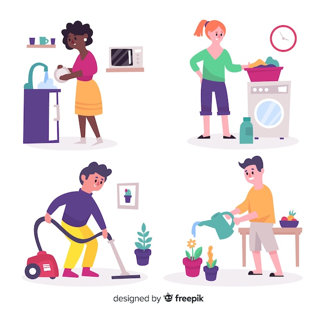 Группа людей, делающих работу по дому