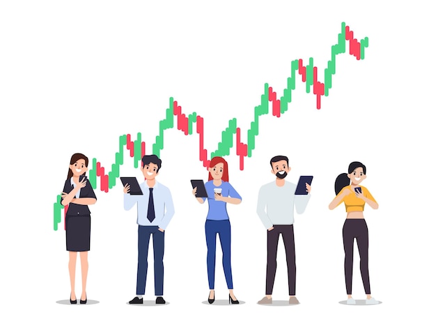 Group of people holding crypto currency market concept flat cartoon illustration