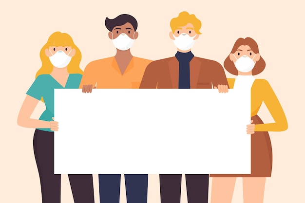 Free vector group of people in medical masks with placards