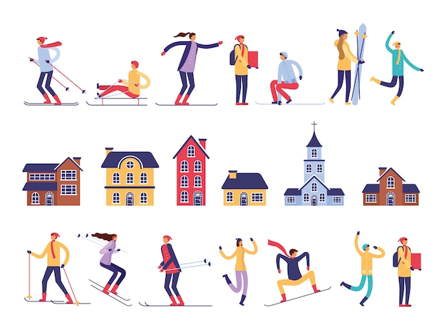 Free vector group of people practicing snow sports and buildings