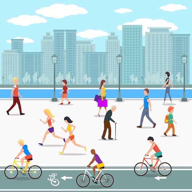 Free vector group of people on promenade on city river street. flat illustration.