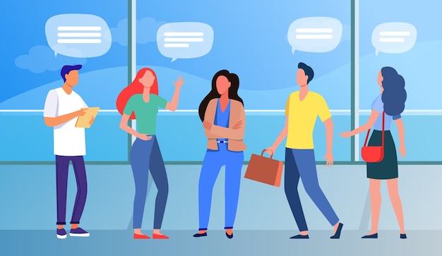 Free vector group of people standing and talking in public place. panoramic window, speech bubbles, airport flat vector illustration. communication, travel
