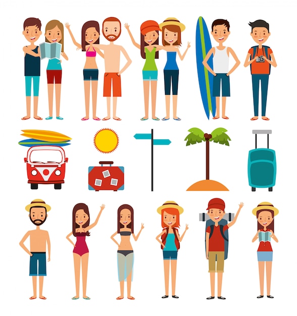 Vettore gratuito gruppo di persone e icone di vacanze estive