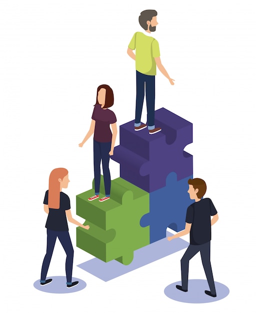 Free vector group of people teamwork with puzzle pieces