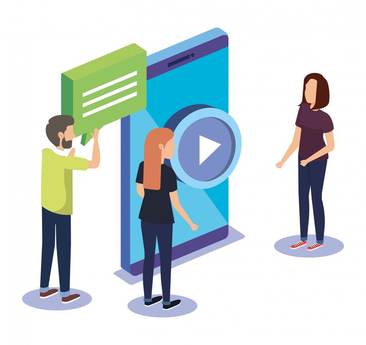 Free Vector group of people teamwork with smartphone