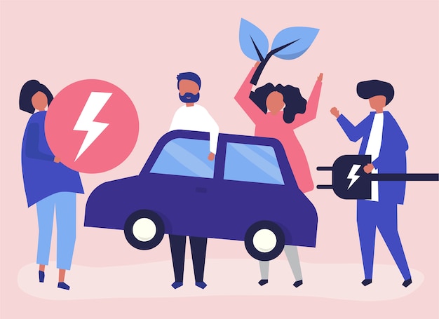 Free vector group of people with an electric car