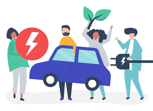 Free vector group of people with an electric car