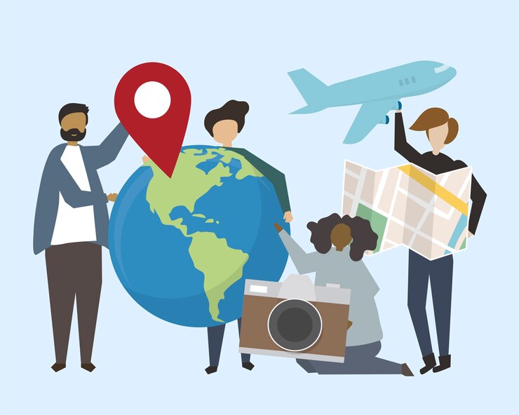 Free Vector a group of people with travel icons illustration