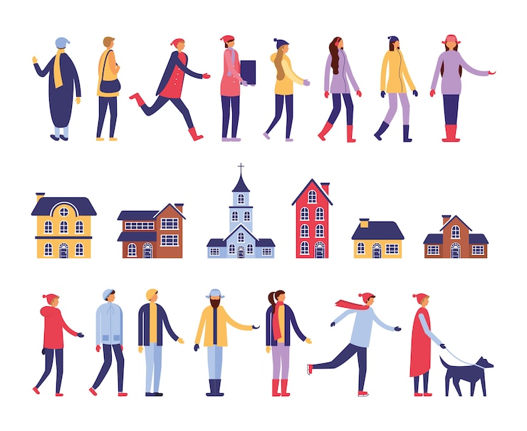 Free Vector group of people with winter clothes and buildings