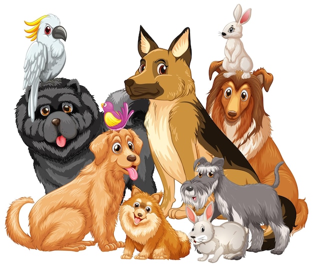 Free vector group of pet on white background