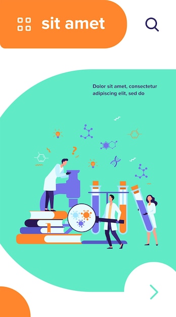 Group of scientists with microscope, chemical tubes and books doing epidemiology research. Chemists studying corona virus tests in medical lab