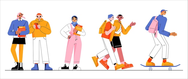 スケートボードに乗って本やスマートフォンを保持しているバックパックを持つ学生の多文化の若い女の子と男の子のグループカジュアルな服装で幸せなティーンエイジャーのキャラクター線形フラットベクトル図