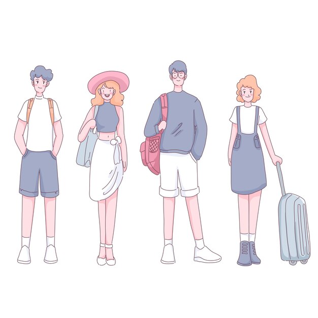 Group of tourist with luggage and backpack standing in cartoon character
