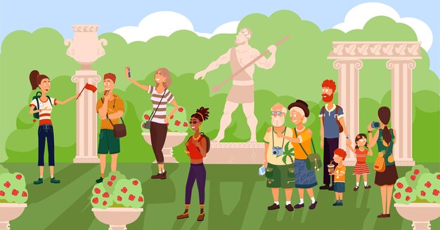 Group of tourists and woman guide in open air museum of ancient Greece Illustration of man woman kid old couple and family looks or photos old statue column and vase