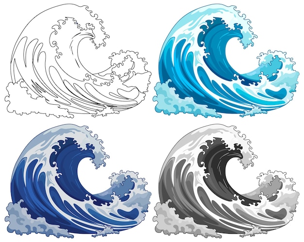 Group of Traditional Japanese Wave Illustrations