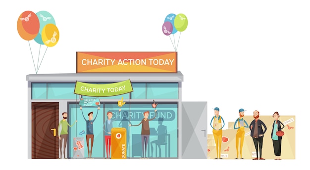 Free vector group of volunteers inviting for charity meeting flat illustration