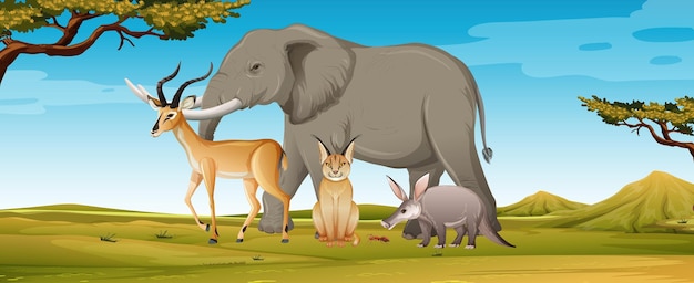 Группа диких африканских животных в лесной сцене