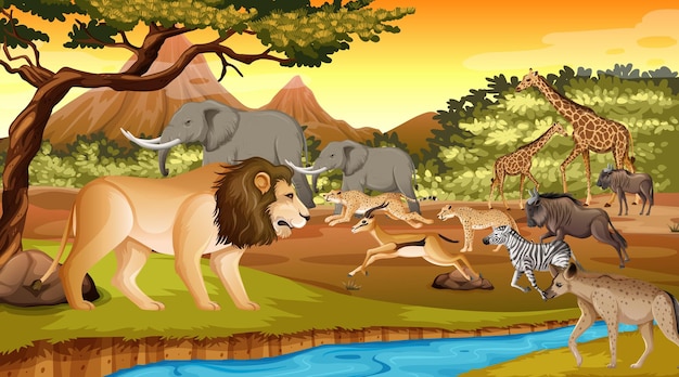 Group of Wild African Animal in the forest scene